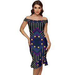 Line Square Pattern Violet Blue Yellow Design Off Shoulder Ruffle Split Hem Bodycon Dress by Ravend