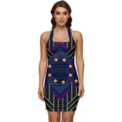 Line Square Pattern Violet Blue Yellow Design Sleeveless Wide Square Neckline Ruched Bodycon Dress by Ravend