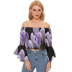 Crocus Flowers Purple Flowers Spring Nature Off Shoulder Flutter Bell Sleeve Top