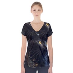 Ai Generated Cat Moon Feline Cute Short Sleeve Front Detail Top by Ravend