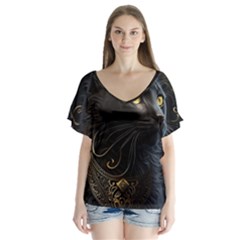 Ai Generated Cat Moon Feline Cute V-neck Flutter Sleeve Top