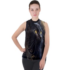 Ai Generated Cat Moon Feline Cute Mock Neck Chiffon Sleeveless Top