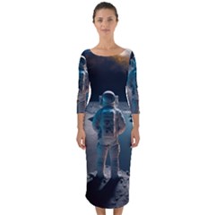Ai Generated Space Astronaut Universe Moon Earth Quarter Sleeve Midi Bodycon Dress by Ravend