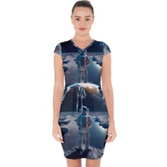 Ai Generated Space Astronaut Universe Moon Earth Capsleeve Drawstring Dress  by Ravend