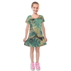 Colored Close Up Plants Leaves Pattern Kids  Short Sleeve Velvet Dress by dflcprintsclothing