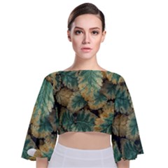 Colored Close Up Plants Leaves Pattern Tie Back Butterfly Sleeve Chiffon Top by dflcprintsclothing