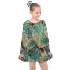 Colored Close Up Plants Leaves Pattern Kids  Long Sleeve Dress by dflcprintsclothing