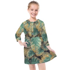 Colored Close Up Plants Leaves Pattern Kids  Quarter Sleeve Shirt Dress by dflcprintsclothing