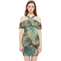 Colored Close Up Plants Leaves Pattern Shoulder Frill Bodycon Summer Dress by dflcprintsclothing