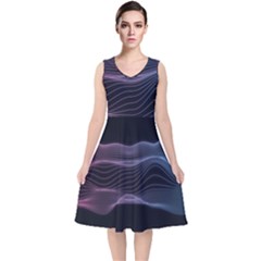 Abstract Wave Digital Design Space Energy Fractal V-neck Midi Sleeveless Dress  by Ravend