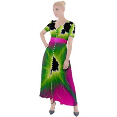 Fractal Art Math Abstract Artwork Pink Magenta Button Up Short Sleeve Maxi Dress by Ravend