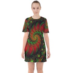 Fractal Green Red Spiral Happiness Vortex Spin Sixties Short Sleeve Mini Dress