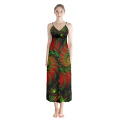 Fractal Green Red Spiral Happiness Vortex Spin Button Up Chiffon Maxi Dress