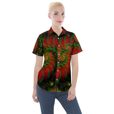 Fractal Green Red Spiral Happiness Vortex Spin Women s Short Sleeve Pocket Shirt by Ravend