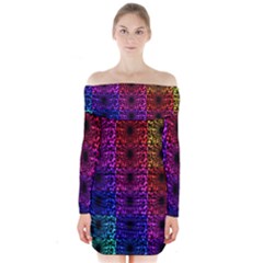 Rainbow Grid Form Abstract Background Graphic Long Sleeve Off Shoulder Dress by Ravend