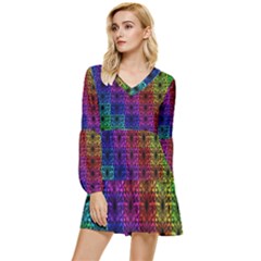 Rainbow Grid Form Abstract Background Graphic Tiered Long Sleeve Mini Dress by Ravend