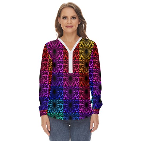 Rainbow Grid Form Abstract Background Graphic Zip Up Long Sleeve Blouse by Ravend