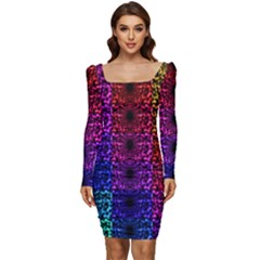 Rainbow Grid Form Abstract Background Graphic Women Long Sleeve Ruched Stretch Jersey Dress by Ravend