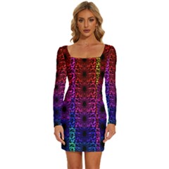 Rainbow Grid Form Abstract Background Graphic Long Sleeve Square Neck Bodycon Velvet Dress