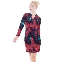 Fractal Spiral Vortex Pattern Art Digital Button Long Sleeve Dress by Ravend