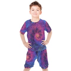 Fractal Fractals Spiral Vortex Blue Dark Art Kids  Tee And Shorts Set