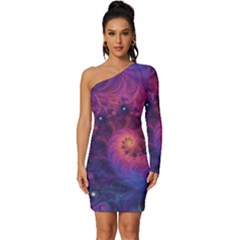 Fractal Fractals Spiral Vortex Blue Dark Art Long Sleeve One Shoulder Mini Dress