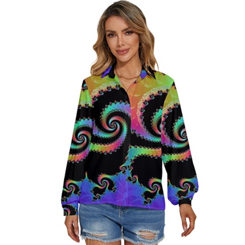 Fractal Spiral Vortex Swirl Whirlpool Math Women s Long Sleeve Button Down Shirt by Ravend