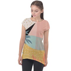 Leaves Pattern Design Colorful Decorative Texture Cap Sleeve High Low Top