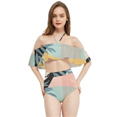 Leaves Pattern Design Colorful Decorative Texture Halter Flowy Bikini Set 
