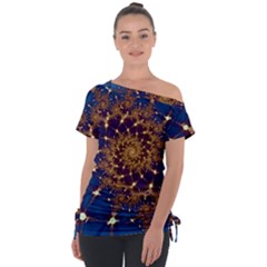 Fractal Spiral Art Pattern Blue Design Off Shoulder Tie-Up Tee