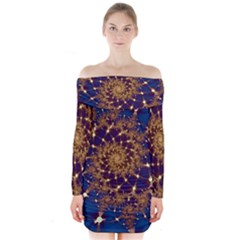 Fractal Spiral Art Pattern Blue Design Long Sleeve Off Shoulder Dress