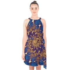 Fractal Spiral Art Pattern Blue Design Halter Collar Waist Tie Chiffon Dress by Ravend