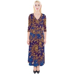 Fractal Spiral Art Pattern Blue Design Quarter Sleeve Wrap Maxi Dress