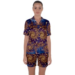 Fractal Spiral Art Pattern Blue Design Satin Short Sleeve Pajamas Set