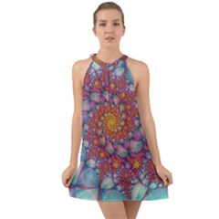 Fractals Abstract Art Cyan Spiral Vortex Pattern Halter Tie Back Chiffon Dress