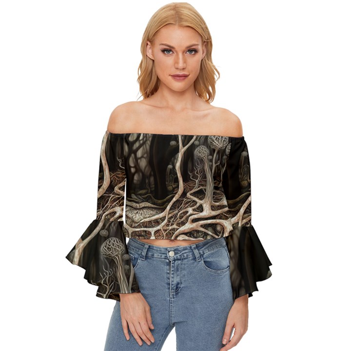 Tree Nature Landscape Forest Off Shoulder Flutter Bell Sleeve Top