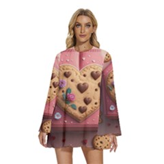 Cookies Valentine Heart Holiday Gift Love Round Neck Long Sleeve Bohemian Style Chiffon Mini Dress by danenraven