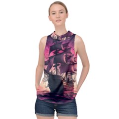 Ship Pirate Adventure Landscape Ocean Sun Heaven High Neck Satin Top