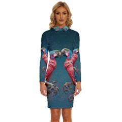 Birds Parrots Love Ornithology Species Fauna Long Sleeve Shirt Collar Bodycon Dress