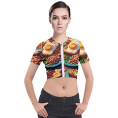 Ai Generated Breakfast Egg Beans Toast Plate Short Sleeve Cropped Jacket by danenraven