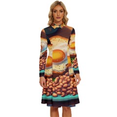 Ai Generated Breakfast Egg Beans Toast Plate Long Sleeve Shirt Collar A-line Dress by danenraven