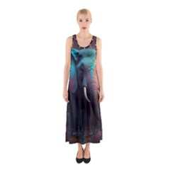 Ai Generated Elephant Tusks Trunk Wildlife Africa Sleeveless Maxi Dress