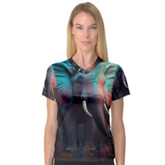 Ai Generated Elephant Tusks Trunk Wildlife Africa V-Neck Sport Mesh Tee