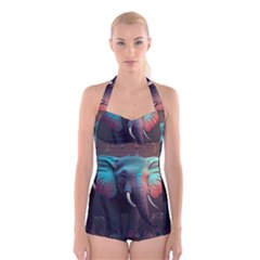 Ai Generated Elephant Tusks Trunk Wildlife Africa Boyleg Halter Swimsuit 