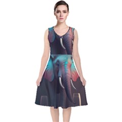 Ai Generated Elephant Tusks Trunk Wildlife Africa V-Neck Midi Sleeveless Dress 