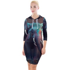 Ai Generated Elephant Tusks Trunk Wildlife Africa Quarter Sleeve Hood Bodycon Dress by danenraven