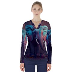 Ai Generated Elephant Tusks Trunk Wildlife Africa V-Neck Long Sleeve Top