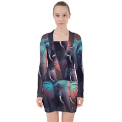 Ai Generated Elephant Tusks Trunk Wildlife Africa V-neck Bodycon Long Sleeve Dress