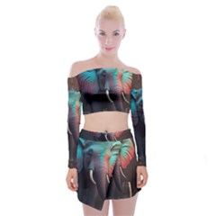 Ai Generated Elephant Tusks Trunk Wildlife Africa Off Shoulder Top with Mini Skirt Set