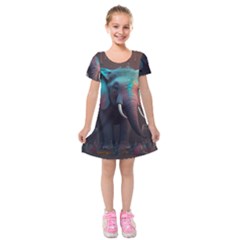 Ai Generated Elephant Tusks Trunk Wildlife Africa Kids  Short Sleeve Velvet Dress